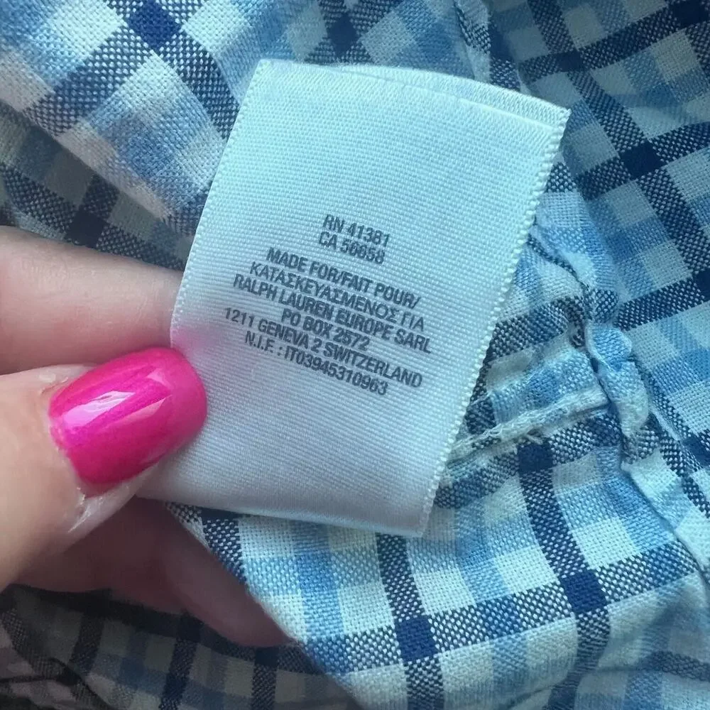 Ralph Lauren Shirt Boys Large 14-16 Blue White Plaid Button Down Cotton Comfort